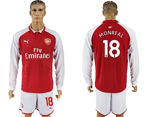 Arsenal #18 Monreal Red Home Long Sleeves Soccer Club Jersey - Click Image to Close